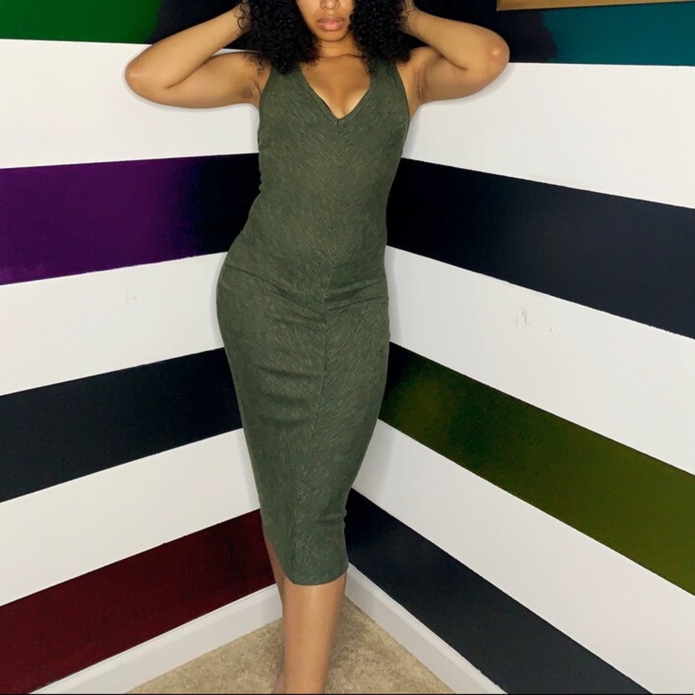 Olive Green Deep V neck sleeveless midi dress fitted